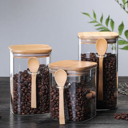 Glass Canister with Bamboo Lid and Spoon for Stylish Storage