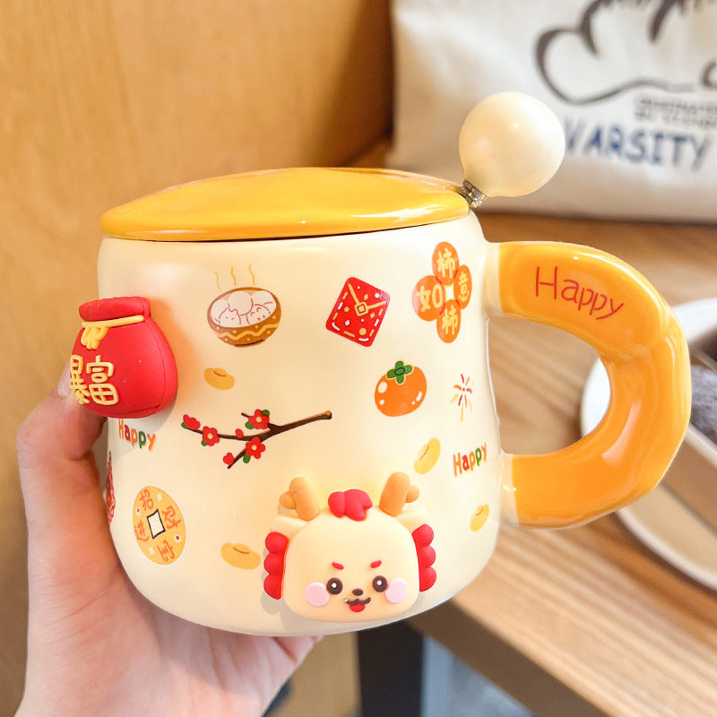 Good-looking Ceramic With Cover Spoon Hand Gift Couple Coffee Cup