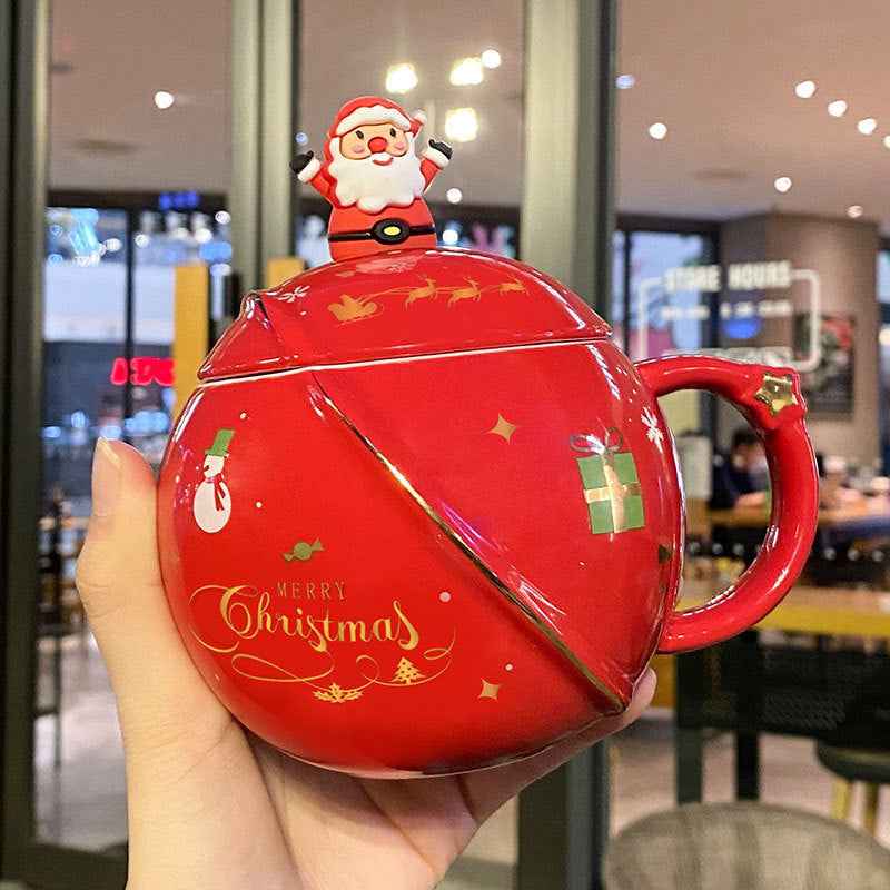 Christmas Mug Ceramic Cartoon With Lid Spoon Mug Large Capacity