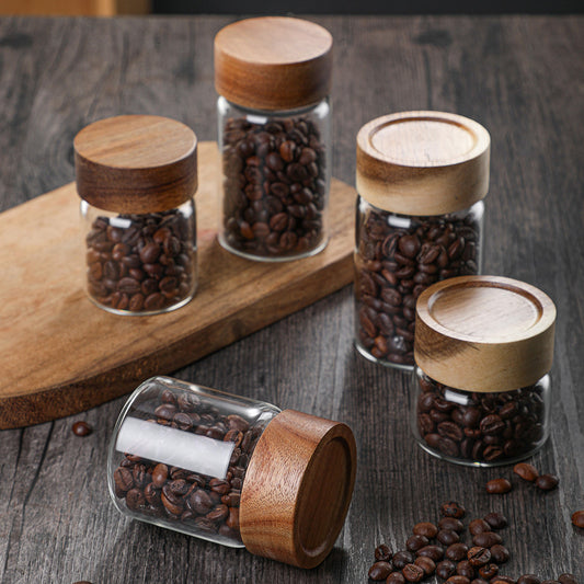 Acacia Wood Storage Tank with Glass Lid and Threaded Seal for Kitchen Organization