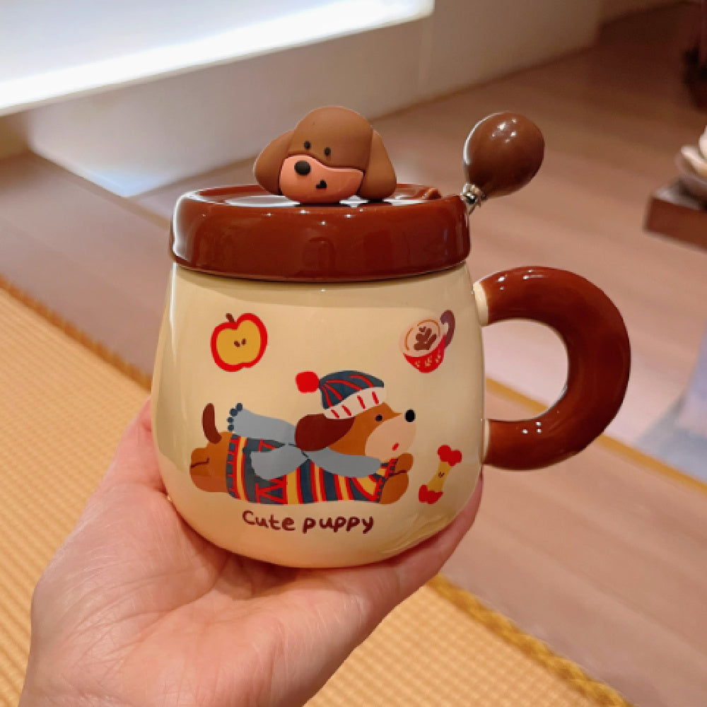 Cartoon Sausage Dog Mug With Lid Spoon Ceramic Water Cup