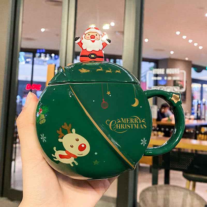 Christmas Mug Ceramic Cartoon With Lid Spoon Mug Large Capacity