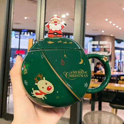 Christmas Mug Ceramic Cartoon With Lid Spoon Mug Large Capacity
