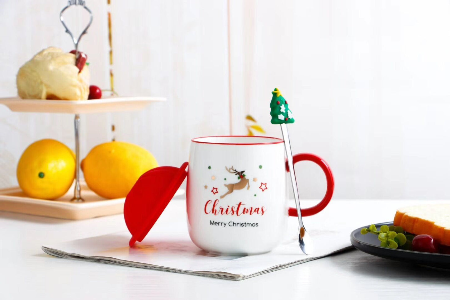 Mug With Lid Spoon  Xmas Cute Ceramic Mug