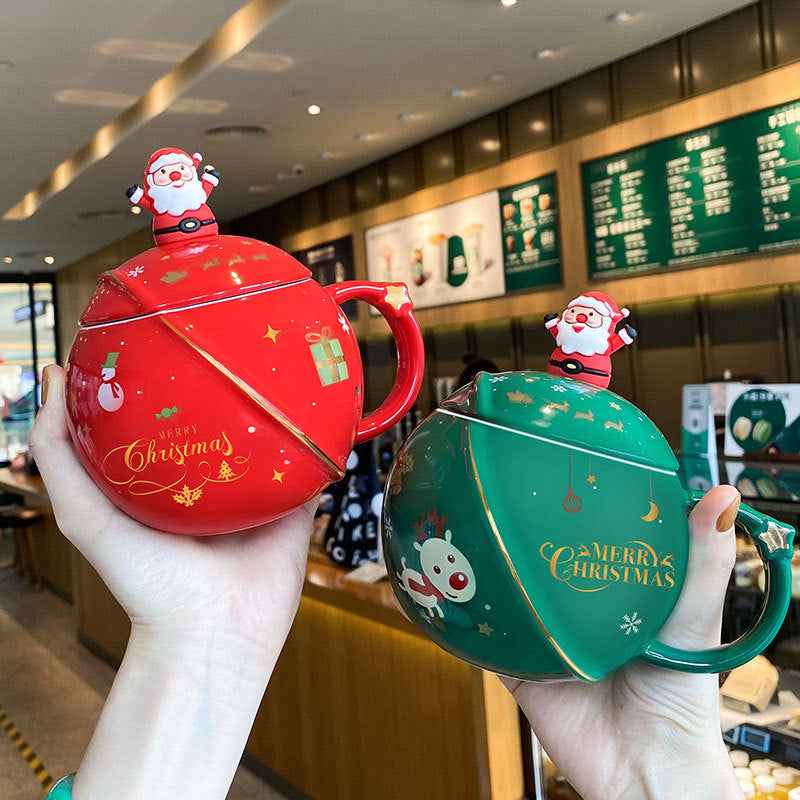 Christmas Mug Ceramic Cartoon With Lid Spoon Mug Large Capacity