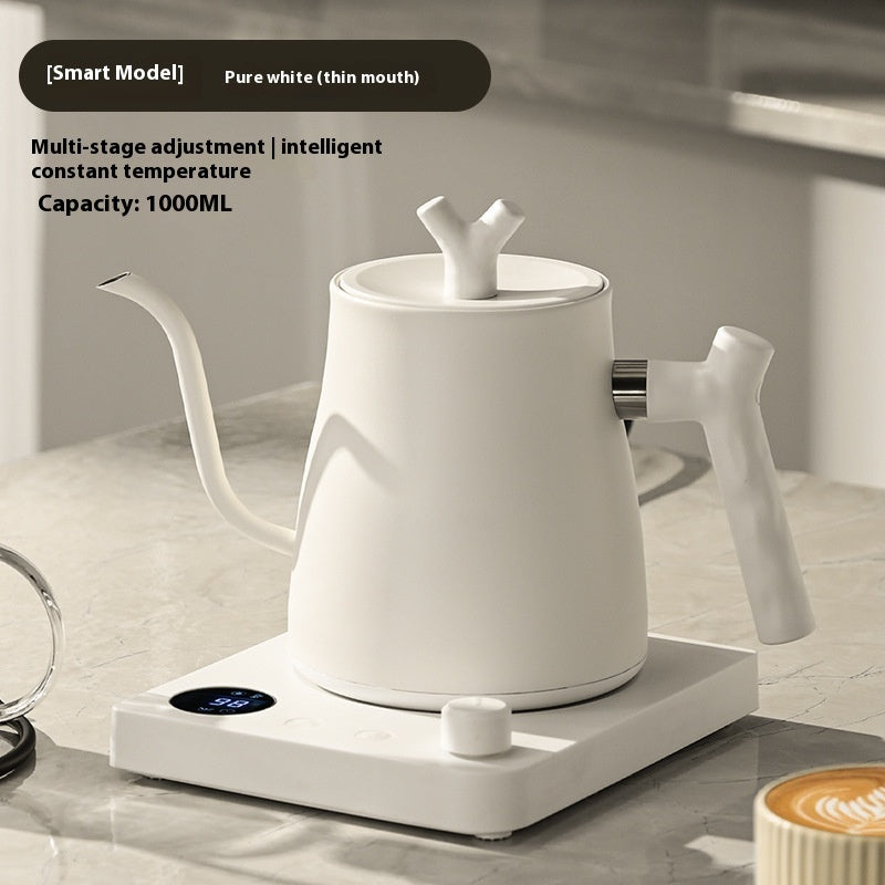 White electric kettle on a kitchen counter with text about its features.