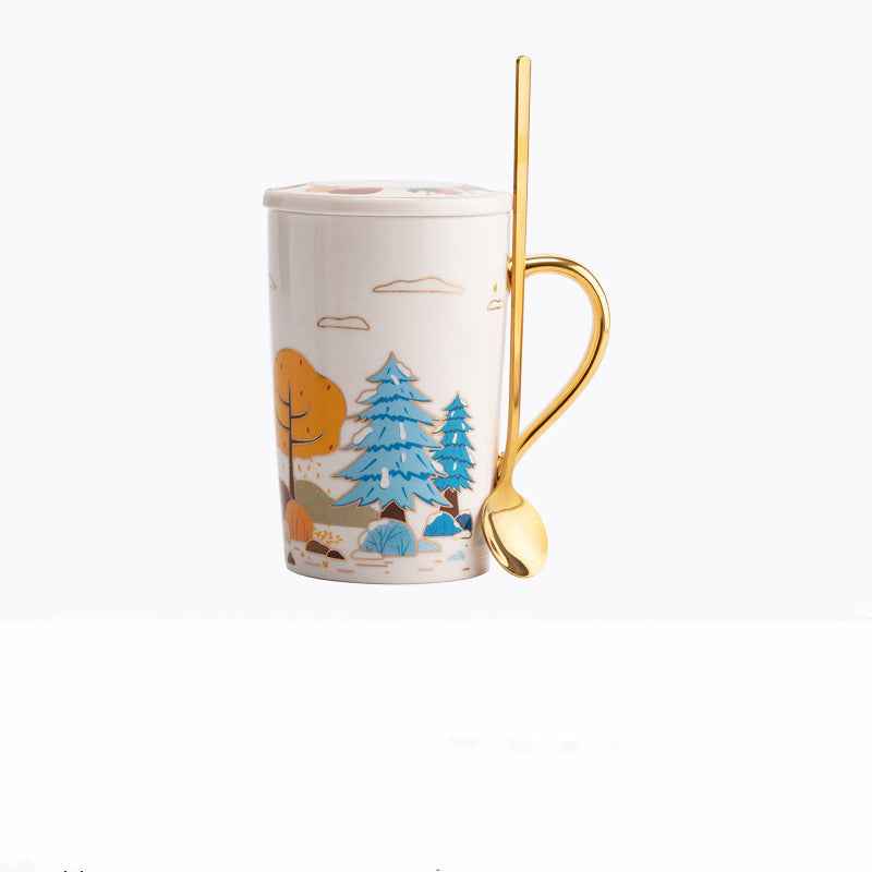 Coffee Ceramic Cup With Lid Spoon