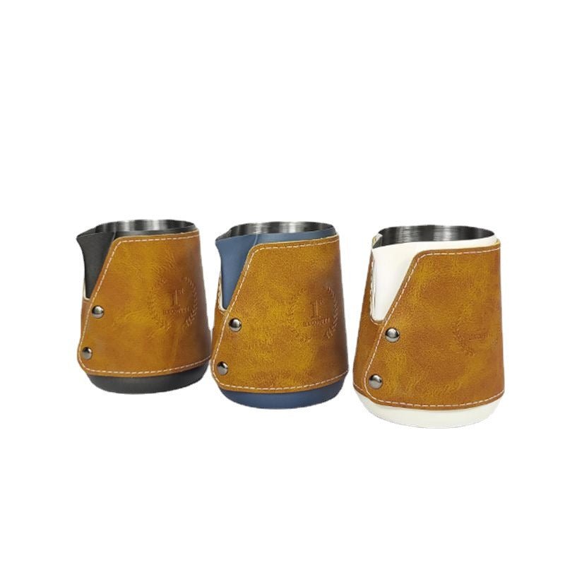 Leather and Stainless Steel Milk Pitcher for Perfectly Frothed Milk