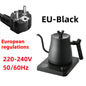 Black electric kettle with power plug and voltage information on a white background
