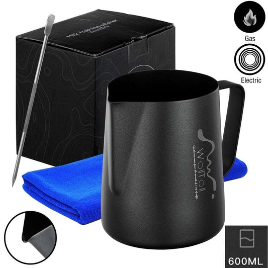 Black stainless steel milk frothing pitcher with latte art pen and cloth. Perfect for home coffee lovers and baristas. 600ml capacity.Shop Now