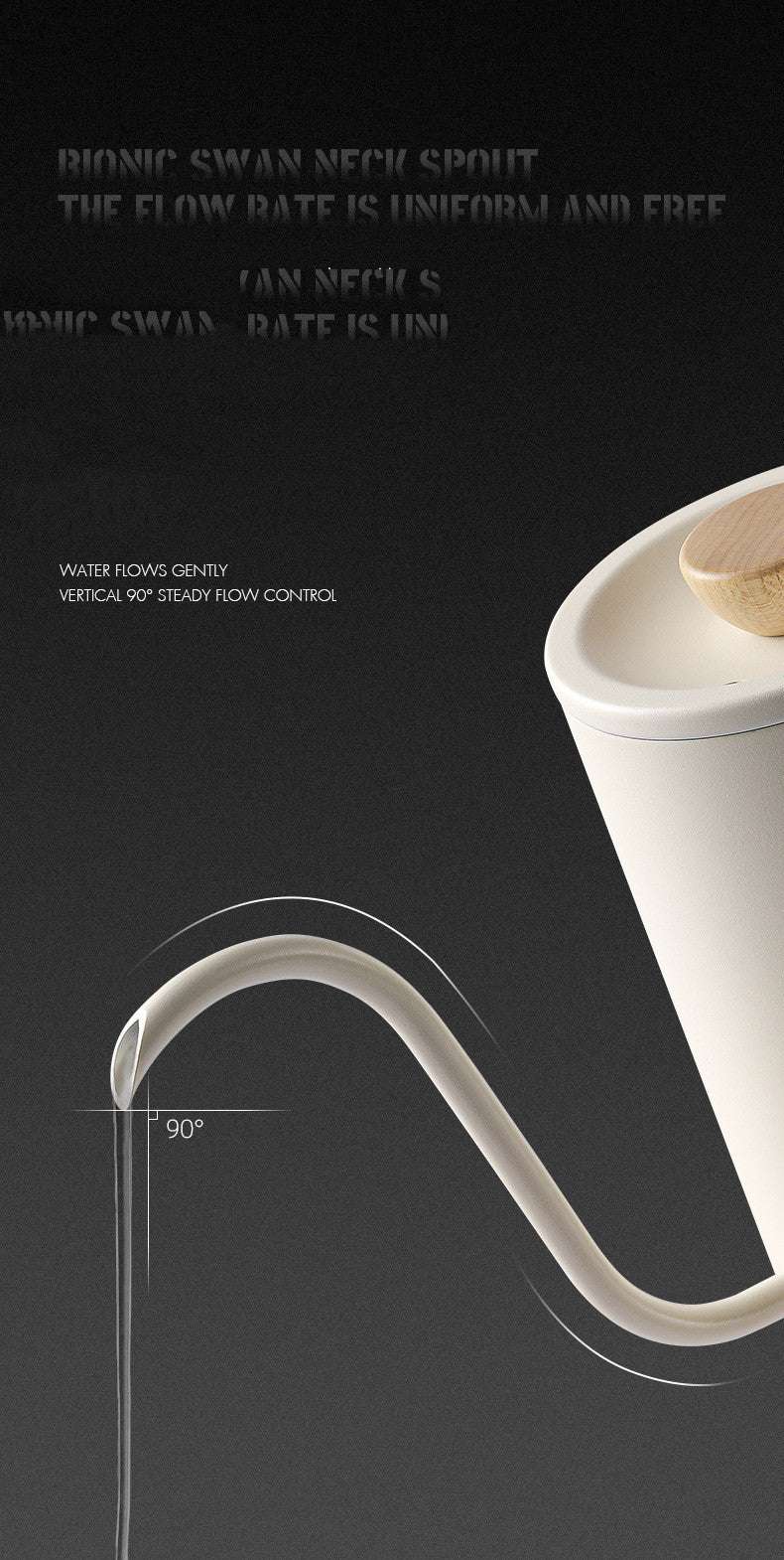 MHW-3BOMBER Planet kettle's bionic swan neck spout showing 90-degree vertical steady flow control for coffee.