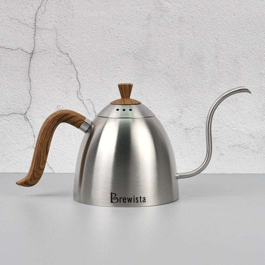 Brewista Artisan 0.7L Gooseneck Kettle in Stainless Steel with wooden handle. Gooseneck pour over kettle.