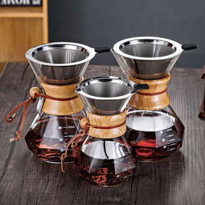 Set of three diamond glass pour-over coffee brewers with metal filters. Shop now Free shipping