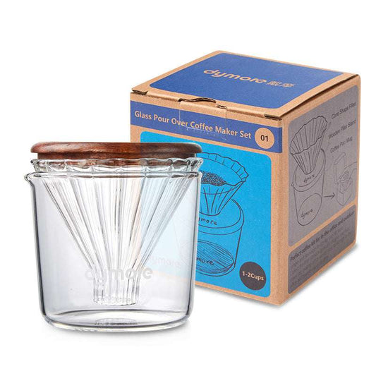 dymore glass pour over coffee maker set with packaging box, gift idea for coffee lovers, home barista set.