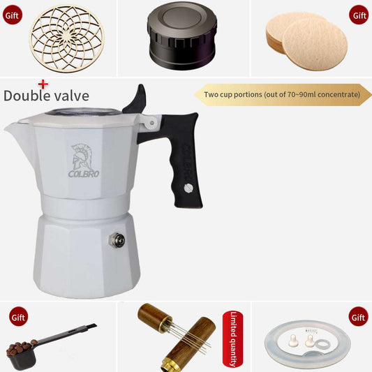 White Colbro Double Valve Moka Pot with gift accessories: wooden coaster, tamper, filters, scoop, WDT tool, gasket set.