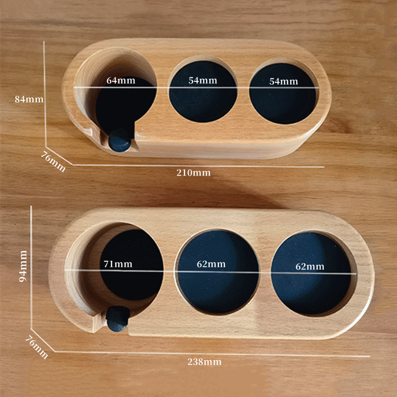 A solid beechwood espresso tamping station with three circular slots and a portafilter holder. The station is designed to organize and hold coffee tools like a tamper, distributor, and a portafilter, preventing scratches on the countertop. Shop- now!