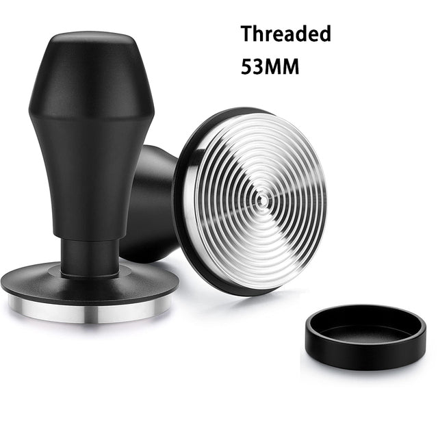 53mm threaded espresso tamper, ripple base coffee press, professional barista tool, black tamper with mat. (For social platforms: #ThreadedTamper #EspressoTools #HomeBarista #RippleBase #CoffeeGadgets)