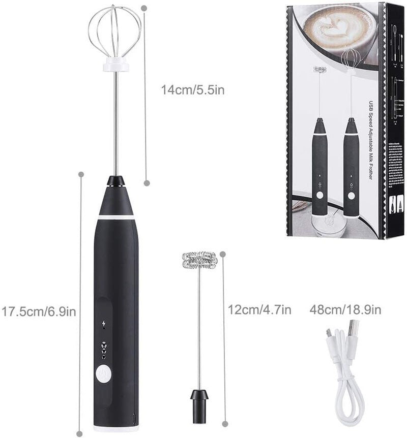  Black electric handheld milk frother with size dimensions, includes frothing and balloon whisks, and USB cable. Shop Now!