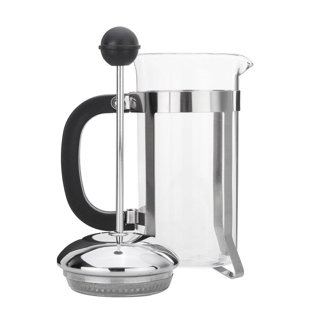 350ml Classic Glass French Press coffee maker with rusty steel frame on white background.