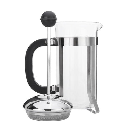 350ml Classic Glass French Press coffee maker with rusty steel frame on white background.