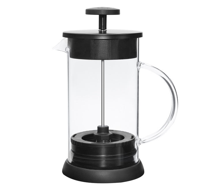 Assembled 1000ml No-Grounds French Press coffee maker. Clear glass design, modern black accents.
