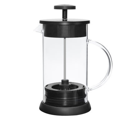 Assembled 1000ml No-Grounds French Press coffee maker. Clear glass design, modern black accents.