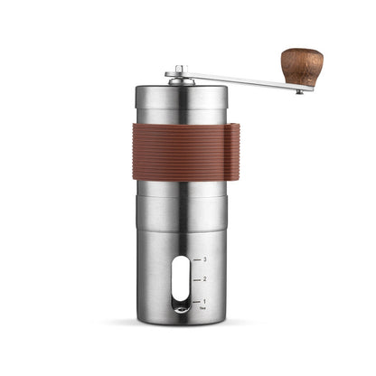 Premium manual coffee grinder with wooden handle, stainless steel, and clear measurement window. Perfect for home coffee lovers.