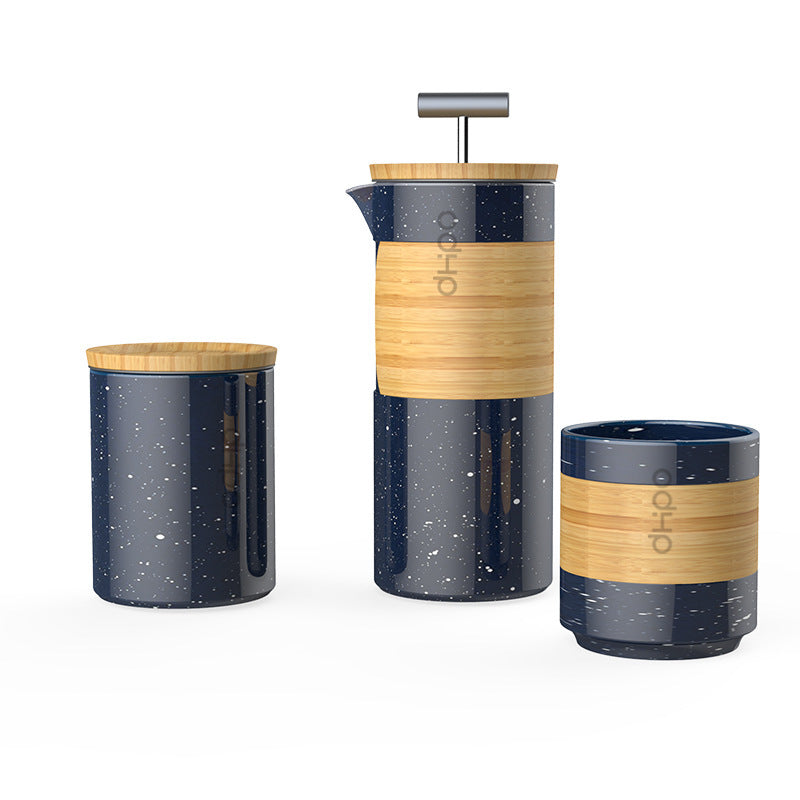DOHO blue speckled ceramic coffee tea press set with wooden lid and handle, modern home barista kit, free shipping.