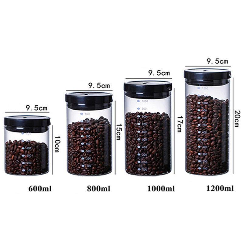 Four airtight glass coffee bean canisters in different sizes (600ml, 800ml, 1000ml, 1200ml) with their height and diameter measurements. Shop now