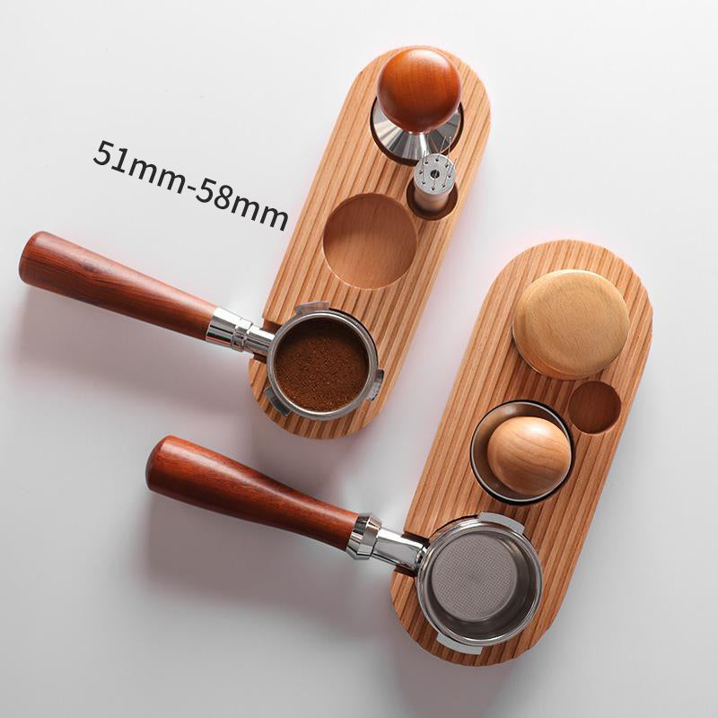 A comparison of two different sizes of wooden coffee organizers, showing their compatibility with various portafilter sizes from 51mm to 58mm, highlighting the universal design.
Shop now