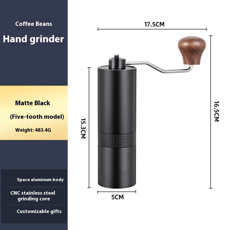 Dimensions and features of a matte black manual coffee grinder: 15.3CM tall, 5CM wide, 483.4G weight, space aluminum body, CNC stainless steel grinding core.