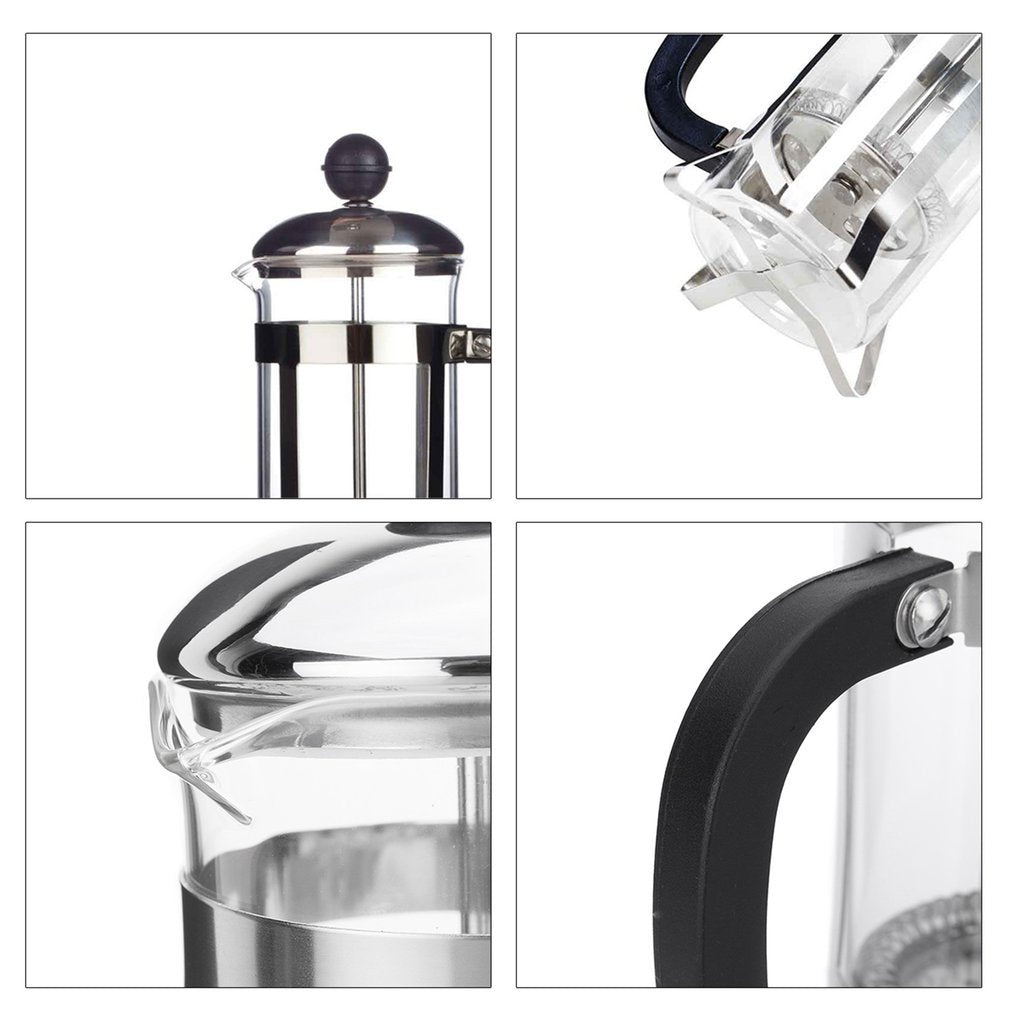 Detailed features of 350ml Classic French Press: plunger, spout, glass, handle