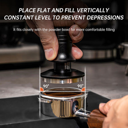 How to use adjustable coffee tamper: Tamping coffee grounds in portafilter, ensuring level and constant pressure for optimal espresso.