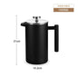 Black French press coffee maker with dimensions on a white background shop now free shipping