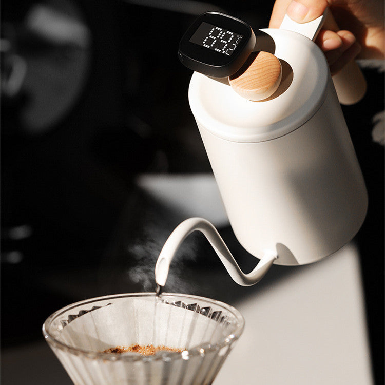 Pour-over coffee brewing with a digital thermometer in the kettle, ensuring an accurate 89C temperature. Shop now