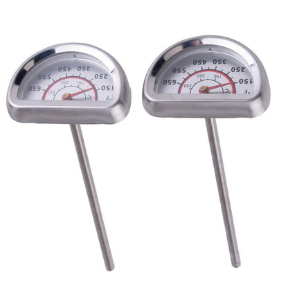 A pair of stainless steel bimetal coffee thermometers for home coffee brewing, showing the durable construction and easy-to-read dials.