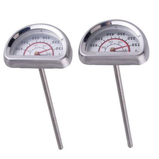 A pair of stainless steel bimetal coffee thermometers for home coffee brewing, showing the durable construction and easy-to-read dials.