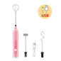 Pink USB rechargeable electric milk frother with three whisk heads for coffee and cooking. Shop NOW