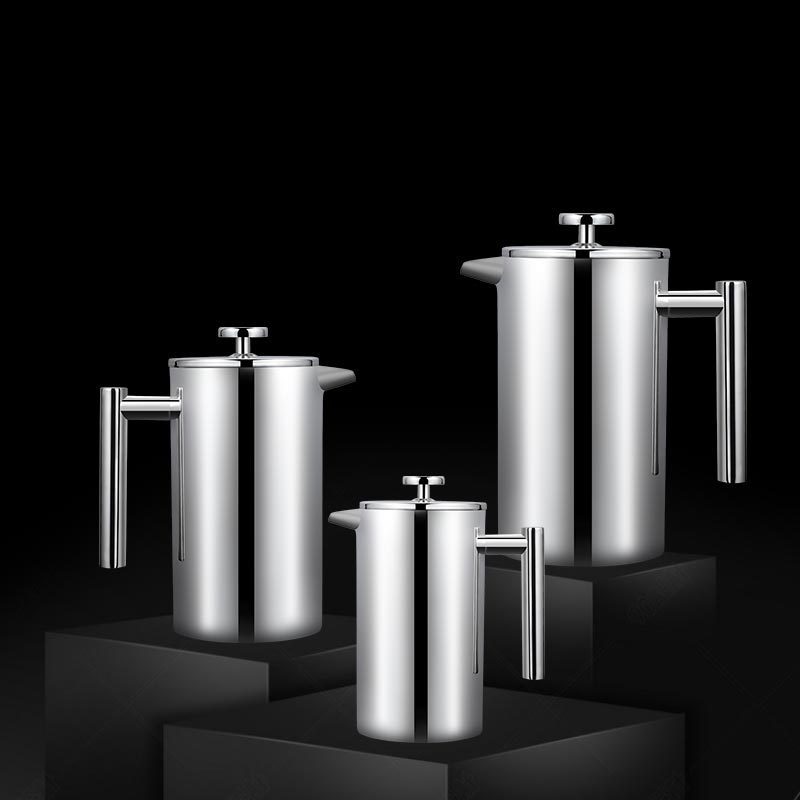 Set of silver French presses on a black background - shop now - free shipping