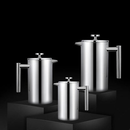 Set of silver French presses on a black background - shop now - free shipping