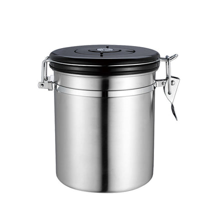 A single silver stainless steel coffee canister with a black lid and an airtight clamp seal. Shop now