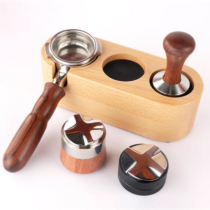 A solid beechwood espresso tamping station with three circular slots and a portafilter holder. The station is designed to organize and hold coffee tools like a tamper, distributor, and a portafilter, preventing scratches on the countertop. Shop- now!