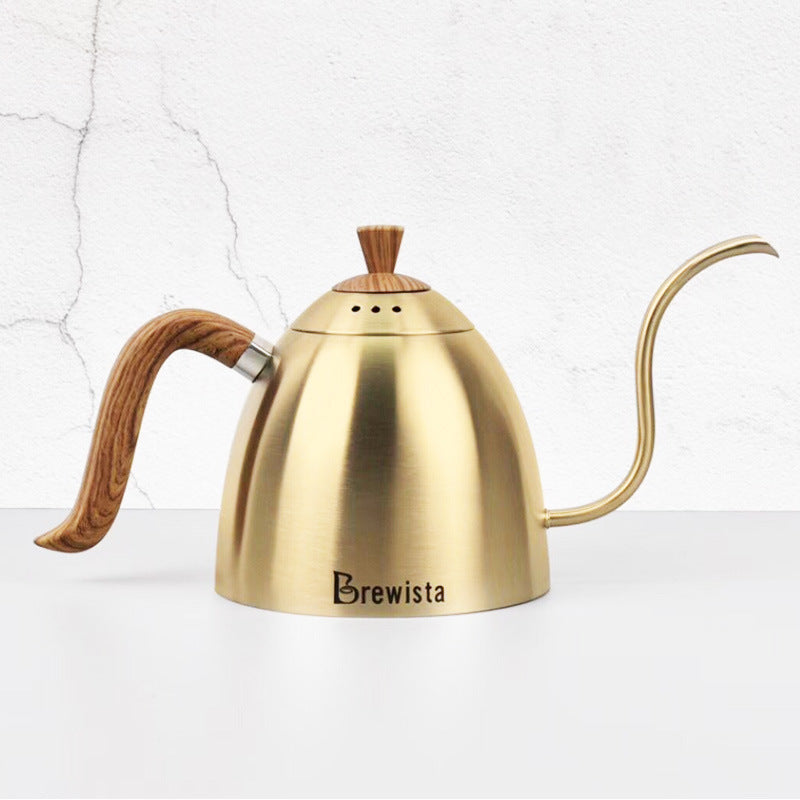 Brewista Artisan 0.7L Gooseneck Kettle in Champagne Gold with wooden handle. Ideal for pour over coffee.