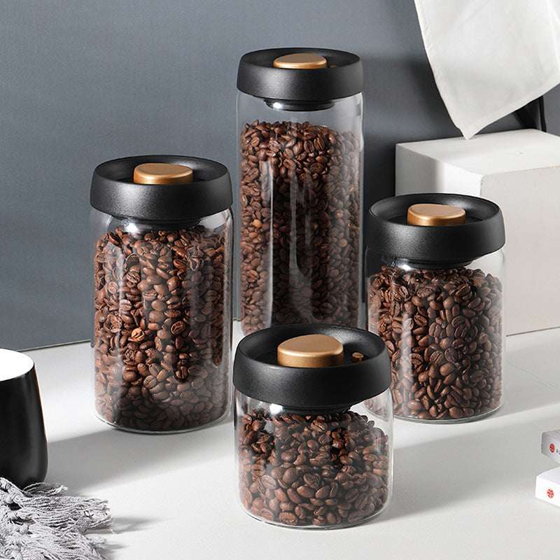 Vacuum Sealed Jug Set Black Coffee Beans Glass Airtight Canister Kitchen Food Grains Candy Keep Good Storage Jar Set Kitchen Gadget
