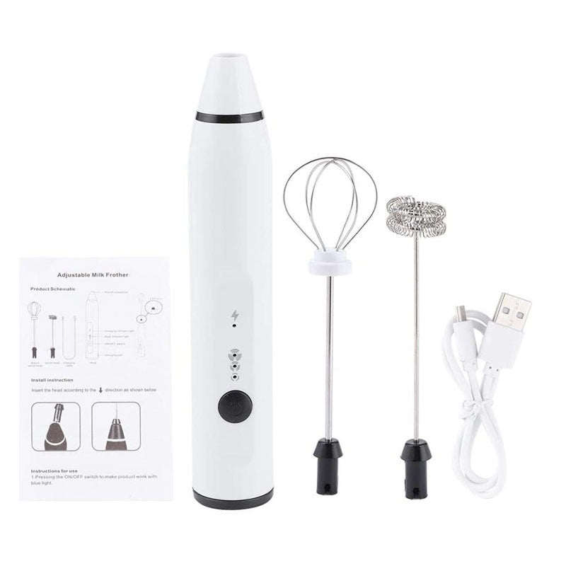 White USB rechargeable milk frother kit with balloon whisk and frothing whisk attachments. Shopp now
