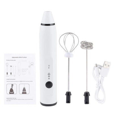 White USB rechargeable milk frother kit with balloon whisk and frothing whisk attachments. Shopp now