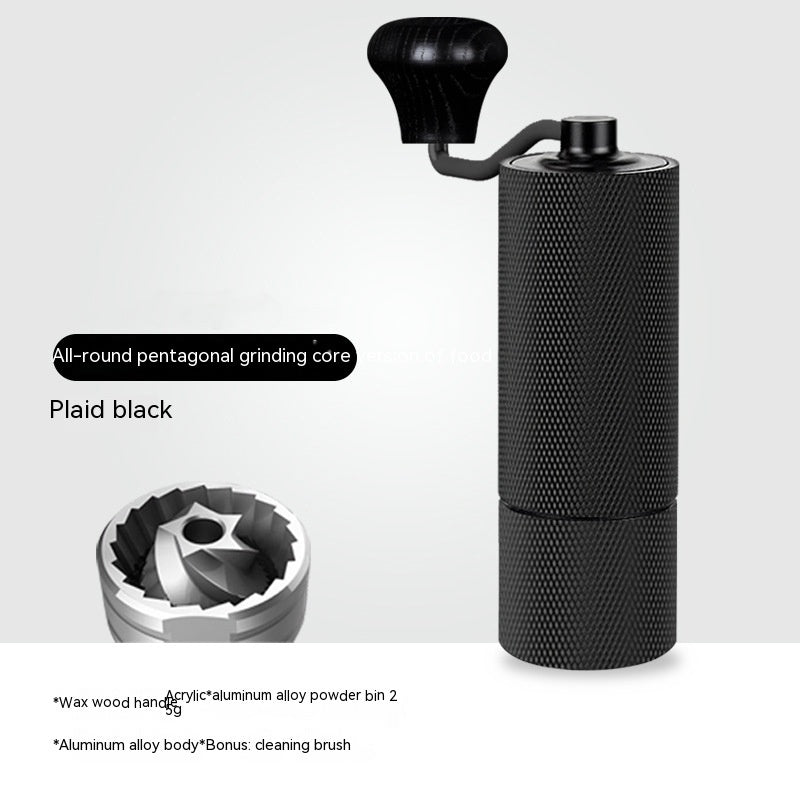 All-black manual coffee grinder, pentagonal grinding core for precise home coffee brewing.