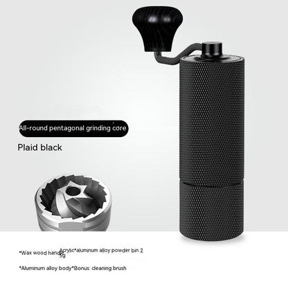 All-black manual coffee grinder, pentagonal grinding core for precise home coffee brewing.