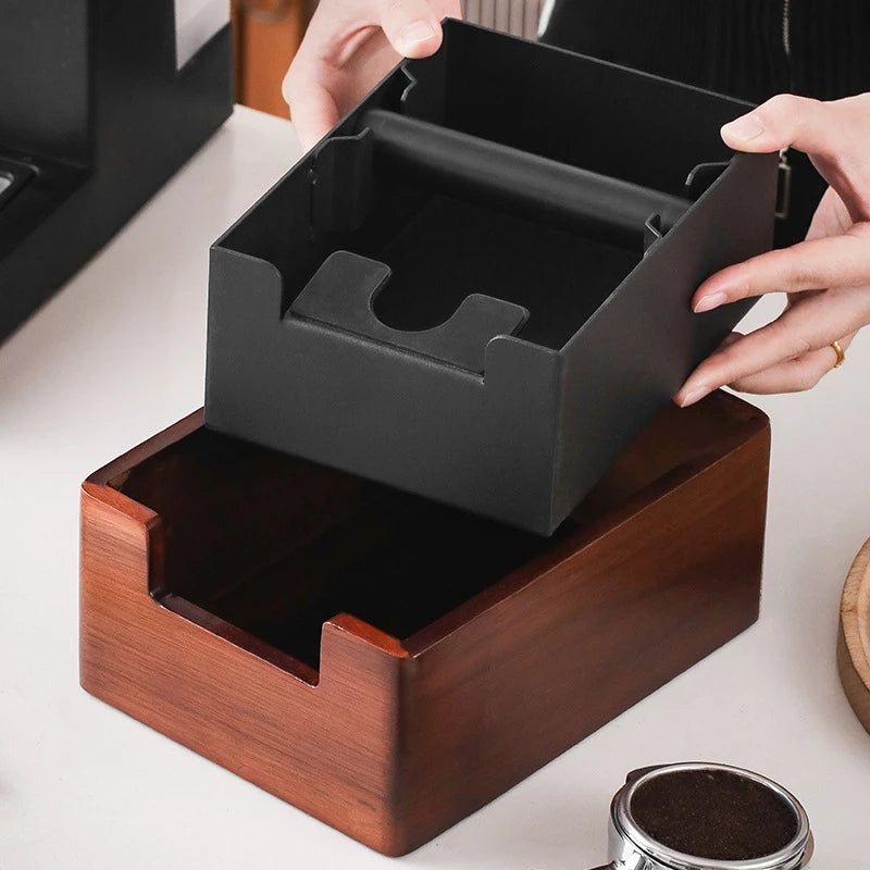 All-in-one wooden espresso tamping station and knock box for home coffee lovers. Shop now!