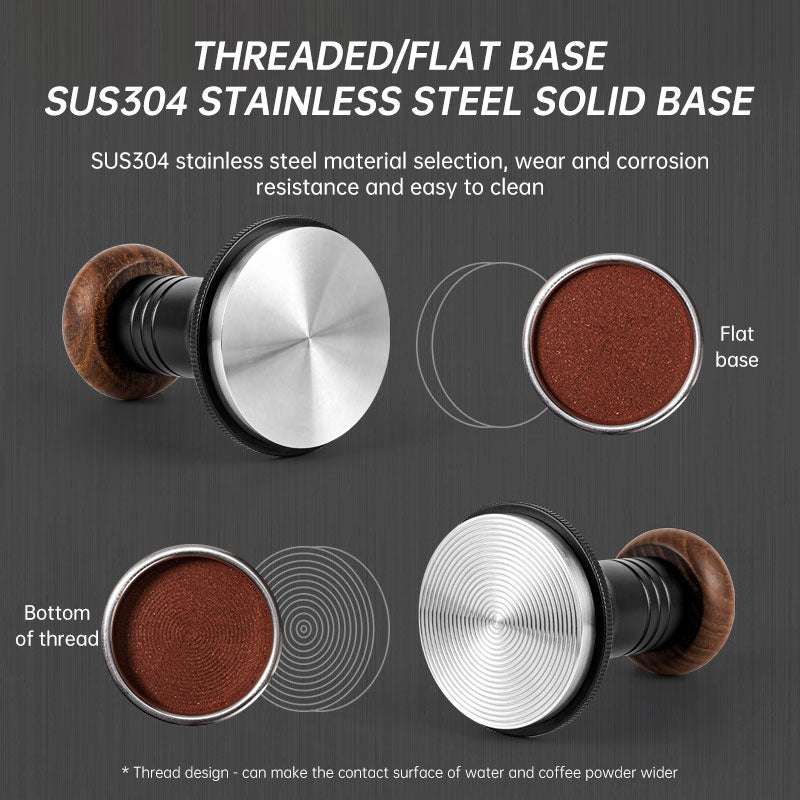 Coffee tamper base options: Flat (smooth surface for even tamping) vs. Threaded (ripple design for wider water contact). SUS304 stainless steel.
